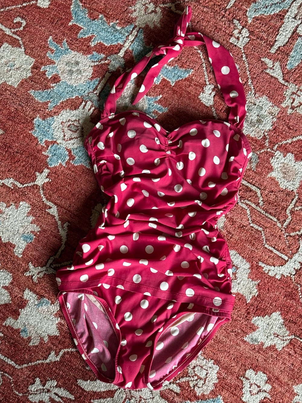 retro pink and white polka dot one piece swim suit